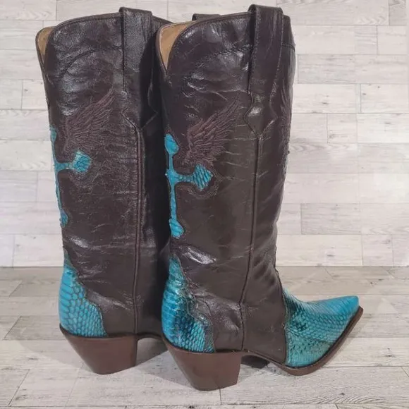 Rogers Boots Turquoise Cobra Snakeskin Brown Leather Rodeo Cowboy Boots Size 7