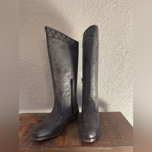 Roper Gray Leather Riding Boots With Embroidered Top Size 6