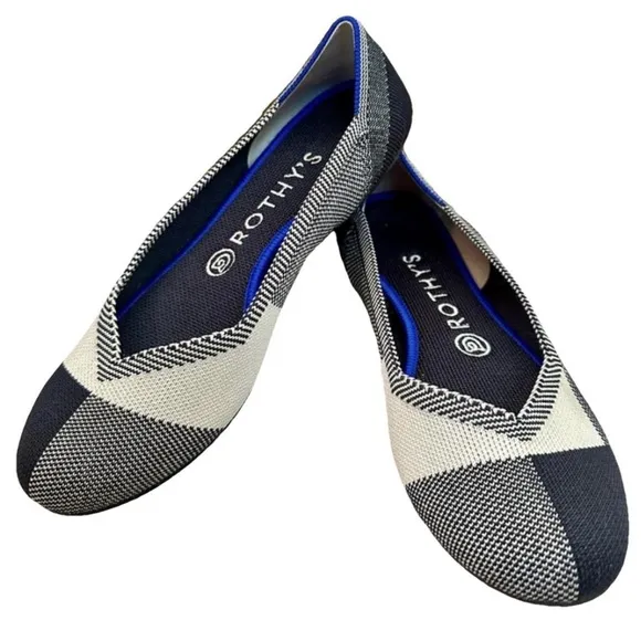ROTH’S, Women’s Flats Slip On Shoes Dark Navy/Black &amp; Cream Plaid Round Toe,Sz 8
