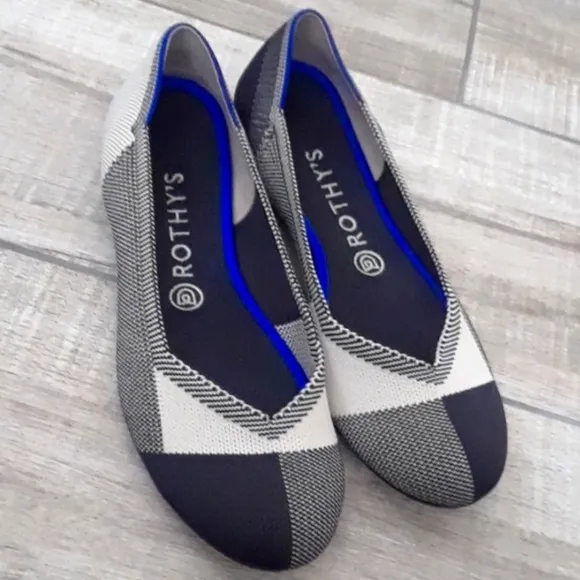ROTH’S, Women’s Flats Slip On Shoes Dark Navy/Black &amp; Cream Plaid Round Toe,Sz 8