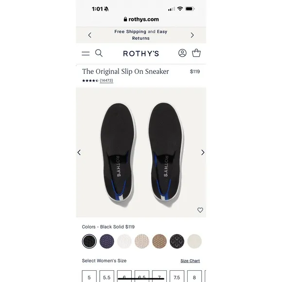 Rothy's The Original Slip On Sneaker Lightweight Black Size W8 NWOB