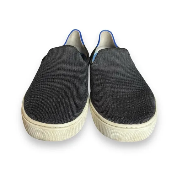 Rothy’s The Original Slip On Solid Black With Blue &amp; White Heel Stripe Sneaker 8