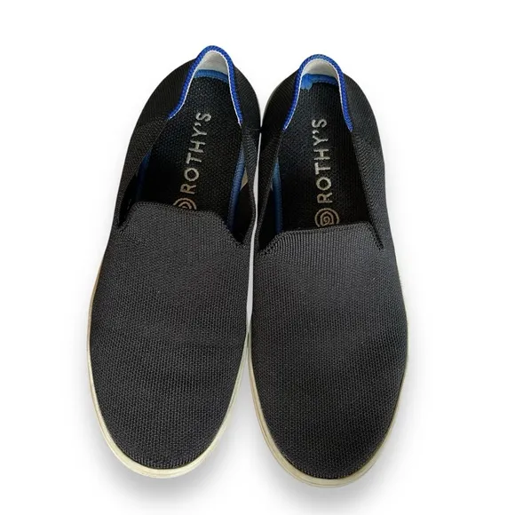 Rothy’s The Original Slip On Solid Black With Blue &amp; White Heel Stripe Sneaker 8