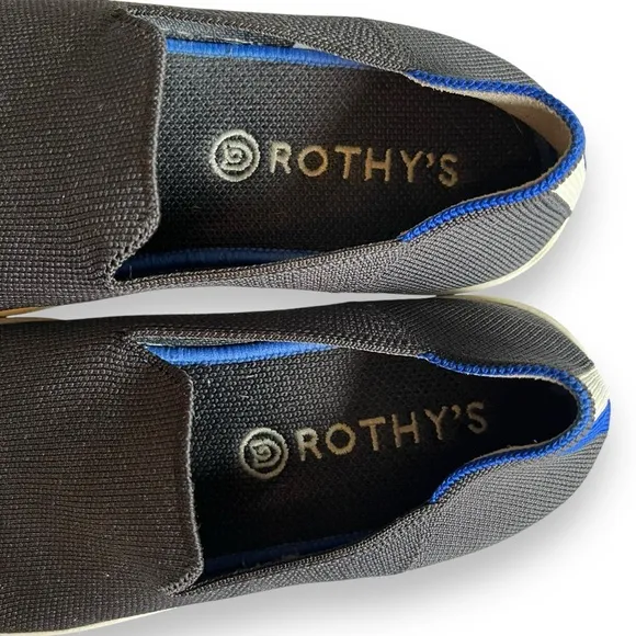 Rothy’s The Original Slip On Solid Black With Blue &amp; White Heel Stripe Sneaker 8