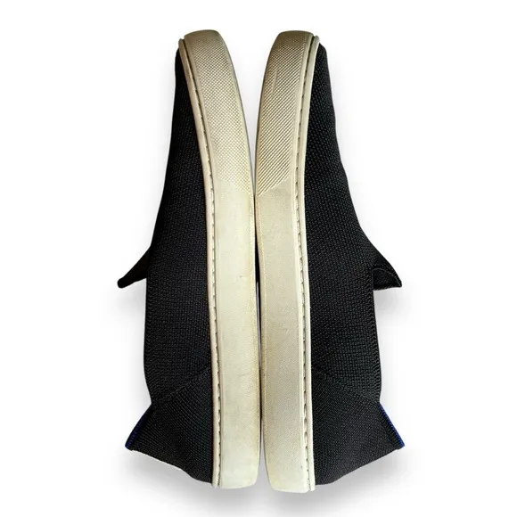 Rothy’s The Original Slip On Solid Black With Blue &amp; White Heel Stripe Sneaker 8
