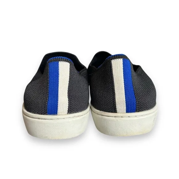 Rothy’s The Original Slip On Solid Black With Blue &amp; White Heel Stripe Sneaker 8
