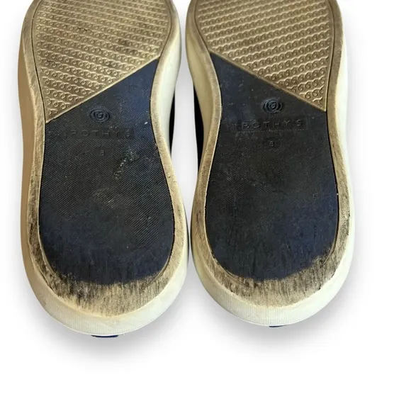 Rothy’s The Original Slip On Solid Black With Blue &amp; White Heel Stripe Sneaker 8