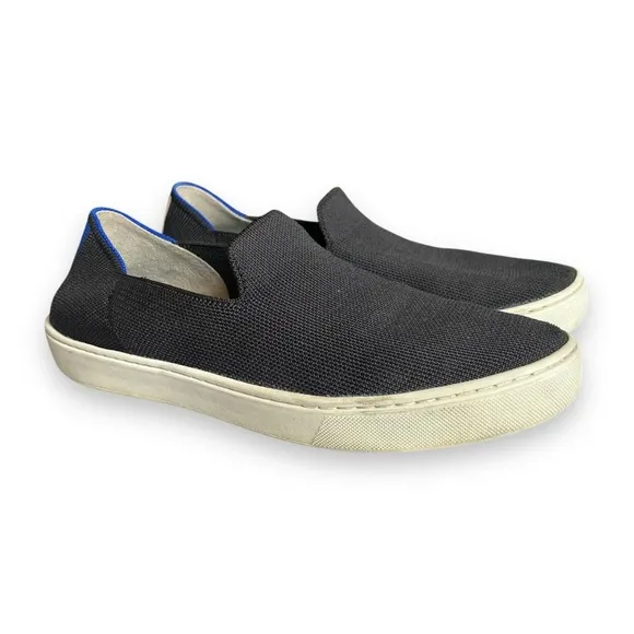 Rothy’s The Original Slip On Solid Black With Blue &amp; White Heel Stripe Sneaker 8