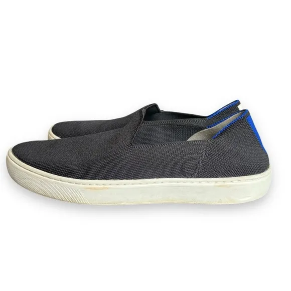 Rothy’s The Original Slip On Solid Black With Blue &amp; White Heel Stripe Sneaker 8