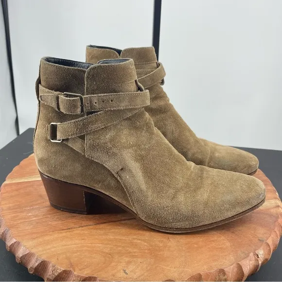 Saint Laurent Paris Jodhpur Ankle buckle Boots beige brown suede sz 36.5 6.5