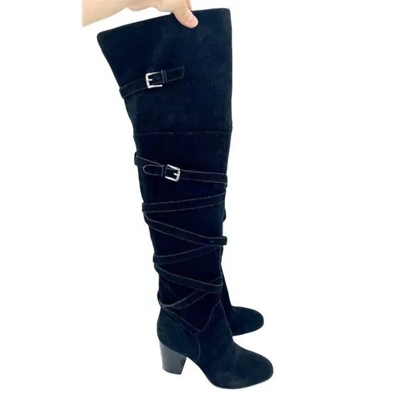 Sam Edelman Boots Sable Black Strap Suede Leather Over the Knee SZ 5 New
