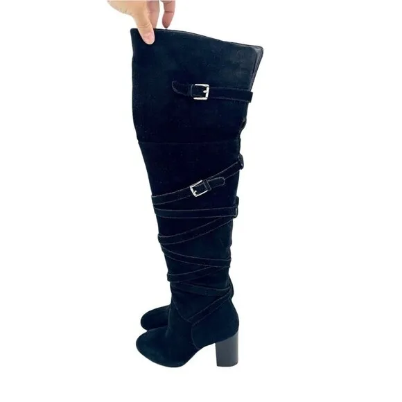 Sam Edelman Boots Sable Black Strap Suede Leather Over the Knee SZ 5 New