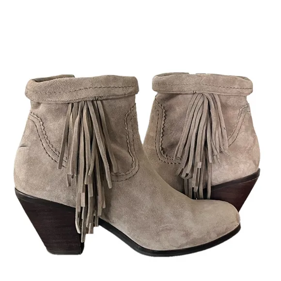 SAM EDELMAN Louie Fringe Suede Ankle Boots Side Zipper Taupe Size 7