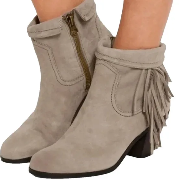 SAM EDELMAN Louie Fringe Suede Ankle Boots Side Zipper Taupe Size 7
