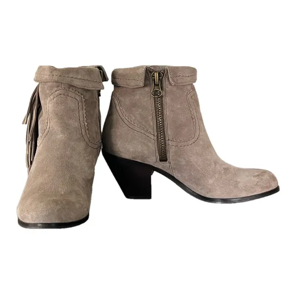 SAM EDELMAN Louie Fringe Suede Ankle Boots Side Zipper Taupe Size 7