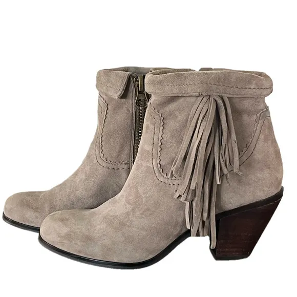 SAM EDELMAN Louie Fringe Suede Ankle Boots Side Zipper Taupe Size 7
