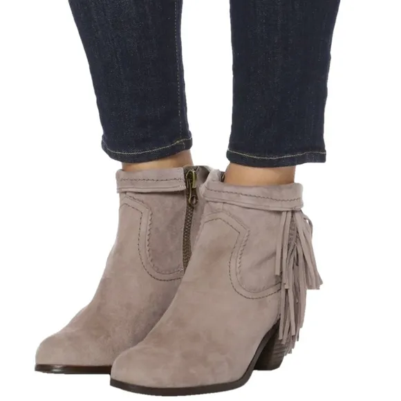 SAM EDELMAN Louie Fringe Suede Ankle Boots Side Zipper Taupe Size 7