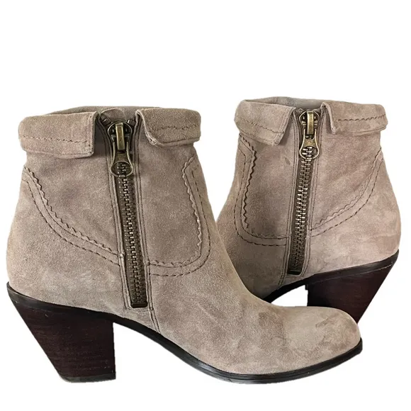 SAM EDELMAN Louie Fringe Suede Ankle Boots Side Zipper Taupe Size 7