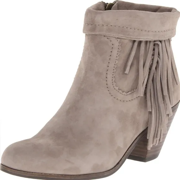 SAM EDELMAN Louie Fringe Suede Ankle Boots Side Zipper Taupe Size 7