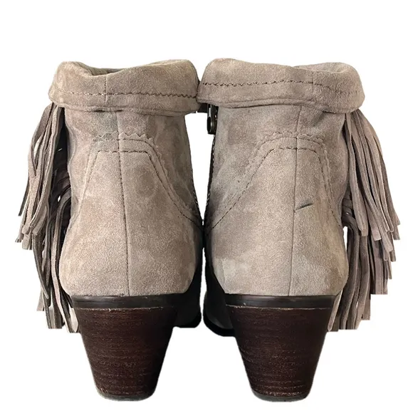 SAM EDELMAN Louie Fringe Suede Ankle Boots Side Zipper Taupe Size 7