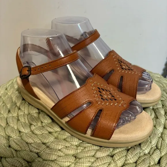 SAS Aztex Brown Leather Huarache Ankle Strap Flat Comfort Sandals WIDE