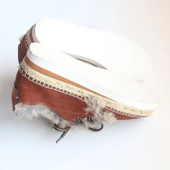 See by Chloe Glyn Brown Suede Leather Rabbit Fur Lace-up Espadrille Shoes Boots