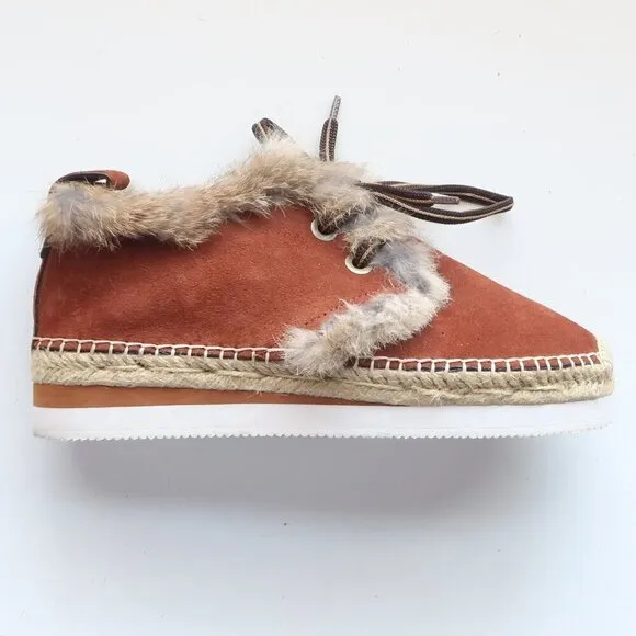 See by Chloe Glyn Brown Suede Leather Rabbit Fur Lace-up Espadrille Shoes Boots