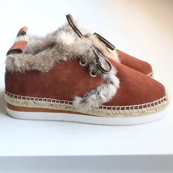 See by Chloe Glyn Brown Suede Leather Rabbit Fur Lace-up Espadrille Shoes Boots