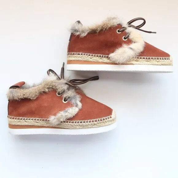 See by Chloe Glyn Brown Suede Leather Rabbit Fur Lace-up Espadrille Shoes Boots