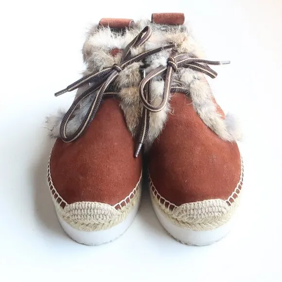 See by Chloe Glyn Brown Suede Leather Rabbit Fur Lace-up Espadrille Shoes Boots