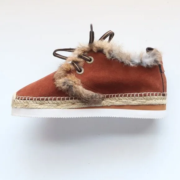 See by Chloe Glyn Brown Suede Leather Rabbit Fur Lace-up Espadrille Shoes Boots
