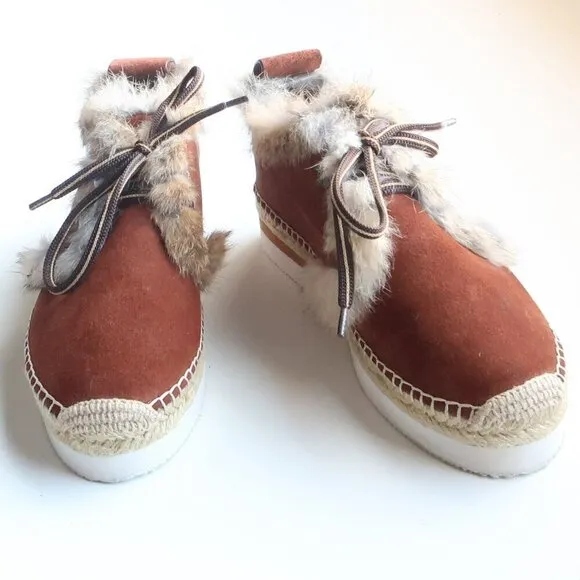 See by Chloe Glyn Brown Suede Leather Rabbit Fur Lace-up Espadrille Shoes Boots