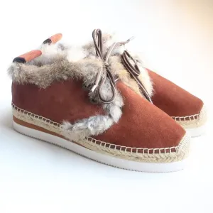 See by Chloe Glyn Brown Suede Leather Rabbit Fur Lace-up Espadrille Shoes Boots