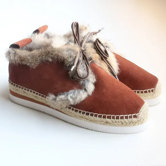 See by Chloe Glyn Brown Suede Leather Rabbit Fur Lace-up Espadrille Shoes Boots
