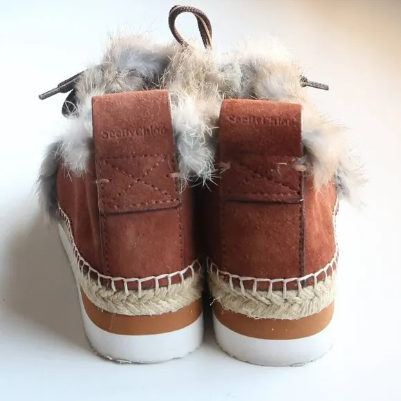See by Chloe Glyn Brown Suede Leather Rabbit Fur Lace-up Espadrille Shoes Boots