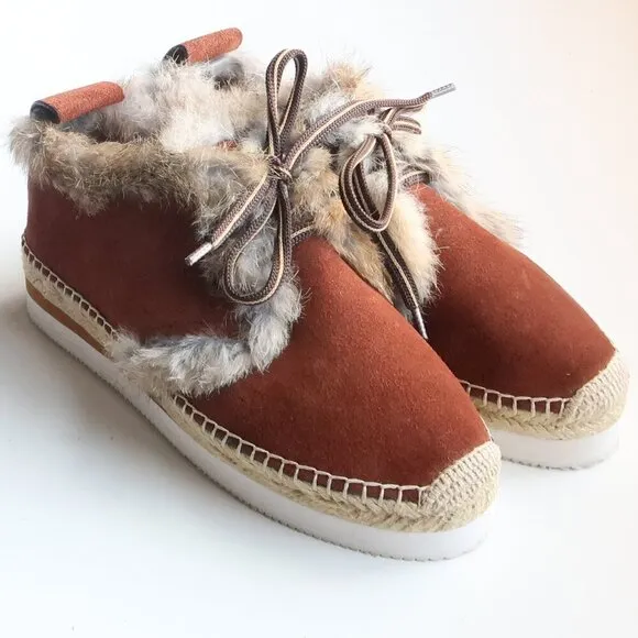 See by Chloe Glyn Brown Suede Leather Rabbit Fur Lace-up Espadrille Shoes Boots