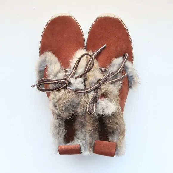 See by Chloe Glyn Brown Suede Leather Rabbit Fur Lace-up Espadrille Shoes Boots