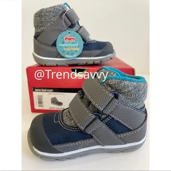 See Kai Run Atlas II Waterproof Insulated Snow Boots Shoes Boys Navy Gray NWT