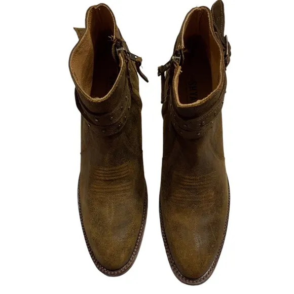 SHYANNE COLLINS TAN GRAIN LEATHER CHUNKY HEEL MEDIUM TOE COUNTRY WESTERN BOOTS