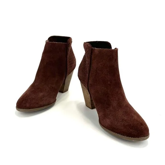 SOLE SOCIETY “ZADA” RED WINE SUEDE STOCK BLOCK HEEL WOVEN ANKLE BOOTS/BOOTIES