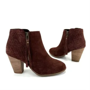SOLE SOCIETY “ZADA” RED WINE SUEDE STOCK BLOCK HEEL WOVEN ANKLE BOOTS/BOOTIES