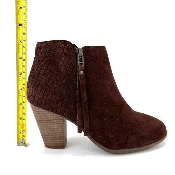 SOLE SOCIETY “ZADA” RED WINE SUEDE STOCK BLOCK HEEL WOVEN ANKLE BOOTS/BOOTIES