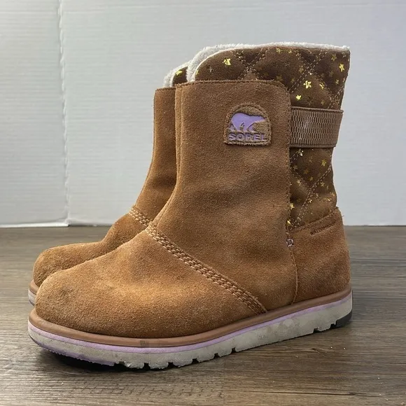 Sorel Big Kids Rylee Suede Brown Boots with Gold Stars, size Big Kid 4