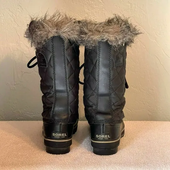 Sorel Boots 6 Tofino Black Gray Fur Lace Up Insulated Winter Snow Cold
