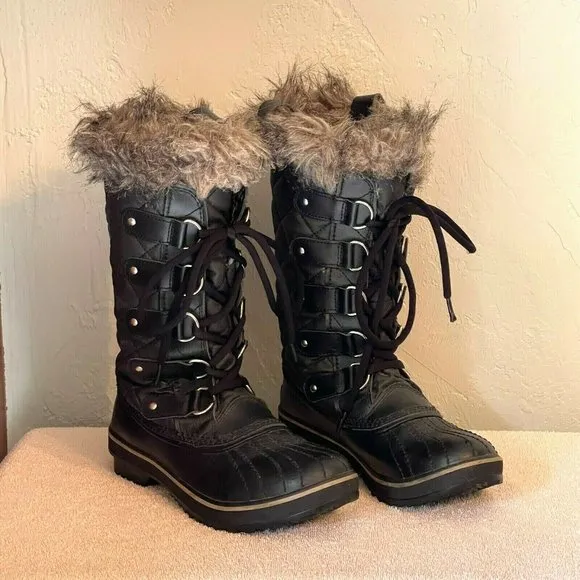 Sorel Boots 6 Tofino Black Gray Fur Lace Up Insulated Winter Snow Cold