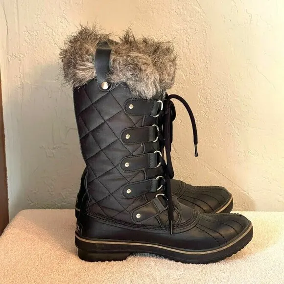 Sorel Boots 6 Tofino Black Gray Fur Lace Up Insulated Winter Snow Cold