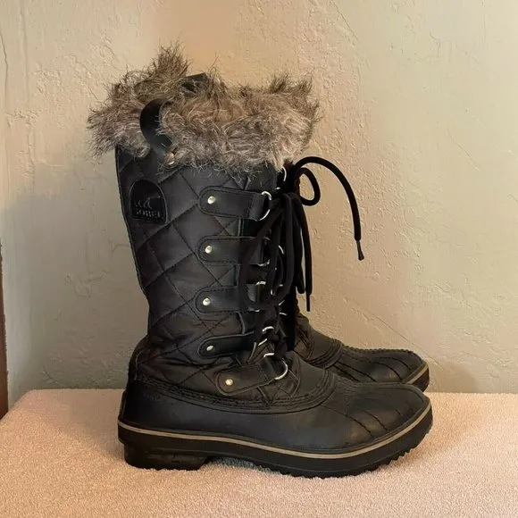 Sorel Boots 6 Tofino Black Gray Fur Lace Up Insulated Winter Snow Cold