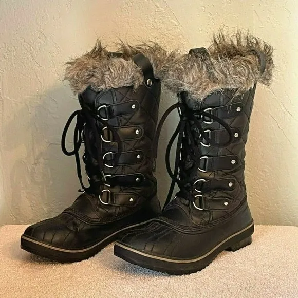Sorel Boots 6 Tofino Black Gray Fur Lace Up Insulated Winter Snow Cold