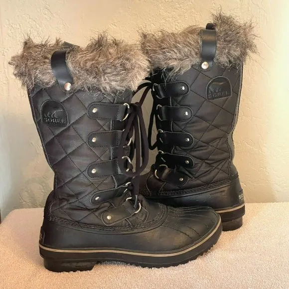 Sorel Boots 6 Tofino Black Gray Fur Lace Up Insulated Winter Snow Cold