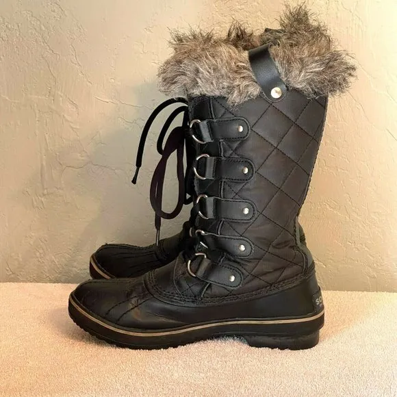 Sorel Boots 6 Tofino Black Gray Fur Lace Up Insulated Winter Snow Cold